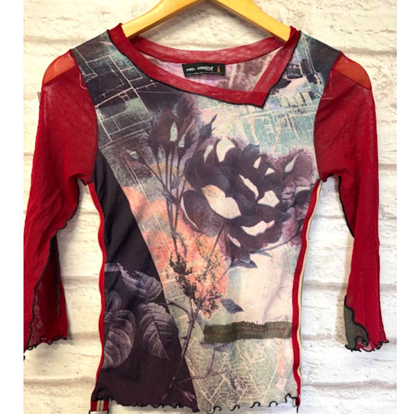 Cop. Copine Mesh Sheer Top Blouse Shirt Xs/S Red Floral Y2k Vtg Whimsygoth Roses
